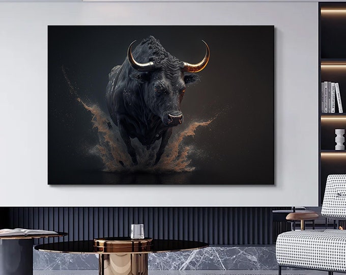 Bull Canvas Art - Gold & Black Charging Bull - Financial District Wall Decor for Home and Office