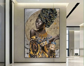 African Woman Canvas Art: Ethnic Gold Woman Portrait, Framed Wall Decor