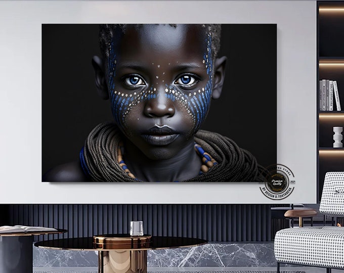 African American Art Canvas  African boy in traditional clothes canvas wall art, African boy with blue eyes canvas art. Oversized Wall Art