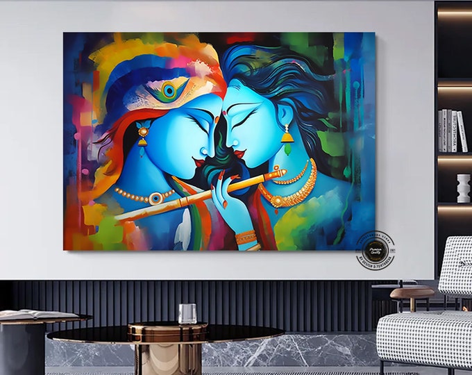 Radha Krishna Painting, Reproduction Art Canvas, India Traditional Printed, Lord Krishna and Radha Wall Decor, India Woman Poster