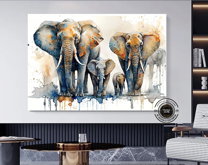 Elephants Family Canvas Painting Art, Animals African Wall Decor, Wall Art, Modern Print Art, Herd of Elephants Poster, Wall Hanging Canvas