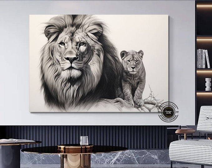 Lion and Cub Canvas Print, Lion Cub and Father Canvas Wall Decor, Lion Family Wall Art, Blue Eyes Lion Wall Decor, Animal Home Decor