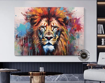 Graffiti Lion Canvas Art Print: Colorful Abstract King Lion Wall Decor