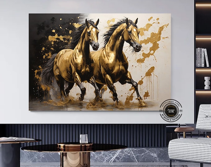 Gold Horse Painting Print On Canvas, Gold Wall Art Bedroom, Modern Wall Art Decor Print, Black And Gold Wall Art, Animal Lover Gift