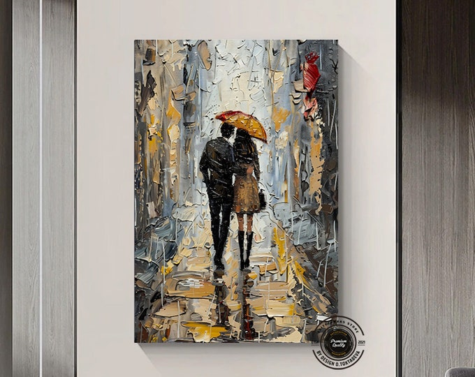 A Couple's Walk in the Rain wall art ,Umbrella Couple Wall Decor,Emotional Oil Painting Poster