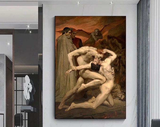Renaissance Art Print, Vintage Religion Painting, Dante and Virgil in Hell, Moody French Art print, Printable Painting Vintage art Decor