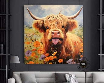 Highland Cow Canvas Print, Farmhouse Wall Art, Living Room Decor