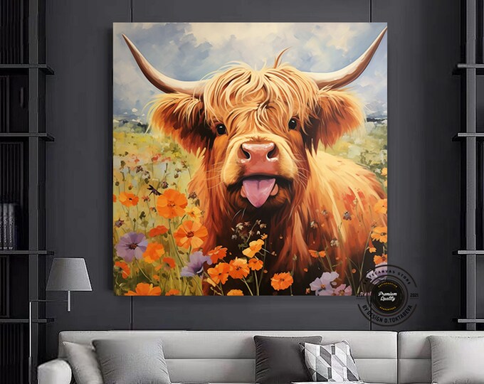 Custom Canvas, Highland Cow, Farmhouse Canvas Gift, Cow Wall Decor, Oversized Wall Art, Living Room Wall Art, Modern Canvas,