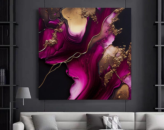 Abstract art purple and gold color painting canvas wall art, luxury MARBLE patterned wall abstract decor art.