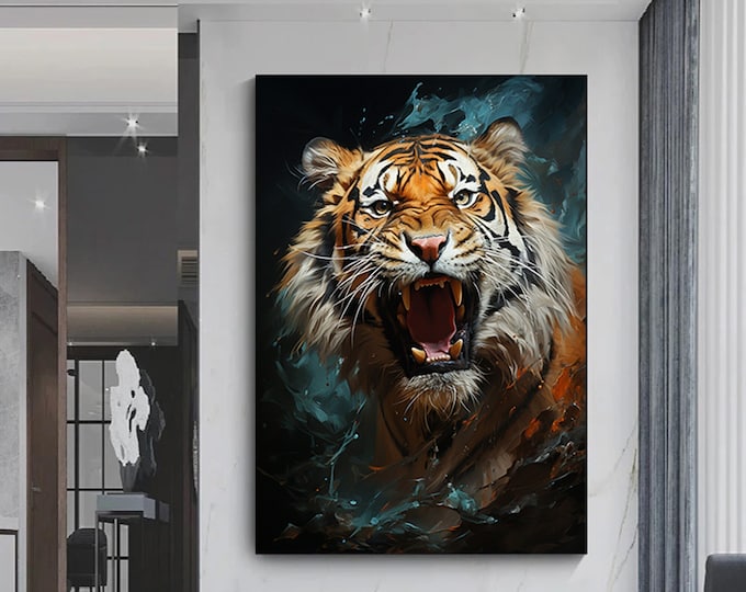 Fierce Tiger Canvas Wall Art, Colorful Vibrant Oil Painting Style, Bengal Big Cat Portrait Wildlife Art Print for Home and Office Decor