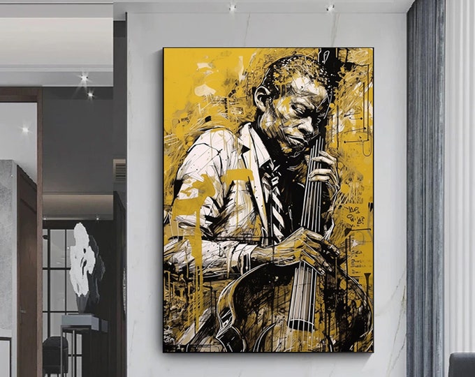 Print on canvas, portrait of a man playing the Cello, Color canvas print.Style Music Cello Art Wall Decor
