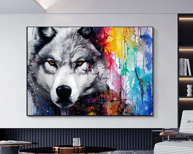 Wolf animal graffiti wall art,Wolf graffiti canvas poster,Animal wall decor,