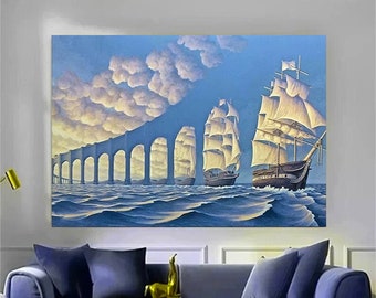bridge made of sky canvas print art, pirate ship canvas wall decor, ship and sky scenery canvas print art