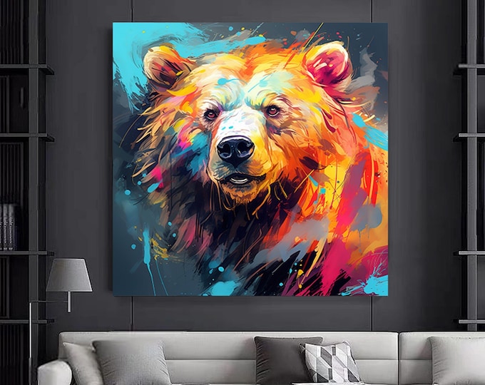 Abstract Bear Art, Canvas or Poster Wall Art ,Animal Wall Decor, Colorful bear wall art, Modern living room wall decor, Bedroom large decor