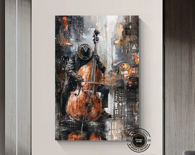 African Jazz Art, African Canvas, Jazz Wall Art,Black Man Musician Canvas, Watercolor with jazz band on the streets