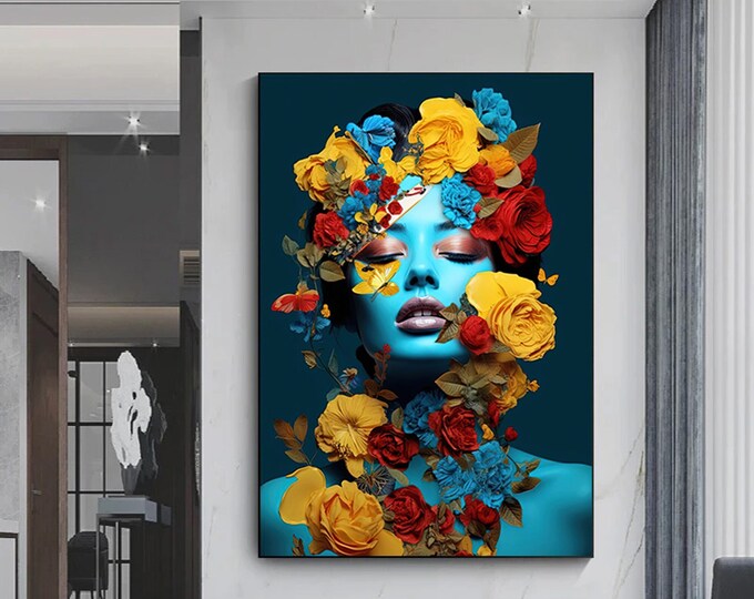 woman floral portrait, flower head woman canvas print, heavenly perfection, floral head woman print, woman fashion art, ready to hang