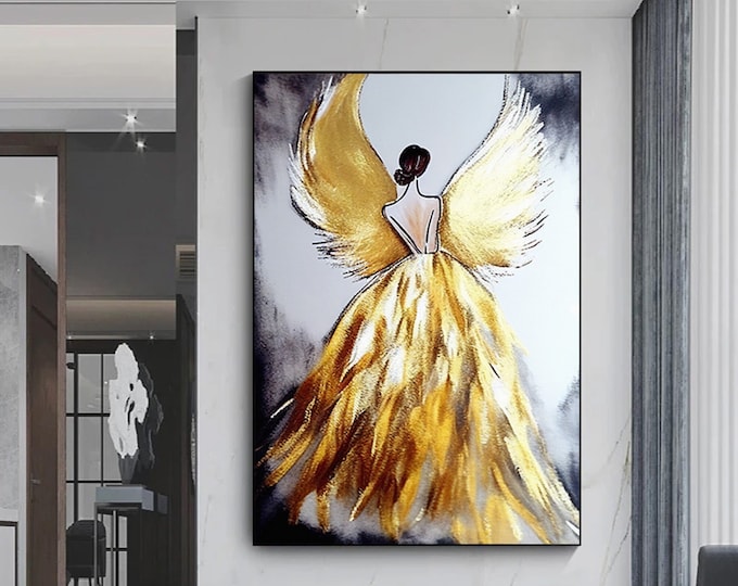 Abstract art print gold painting modern lux.Angel wings woman art poster.