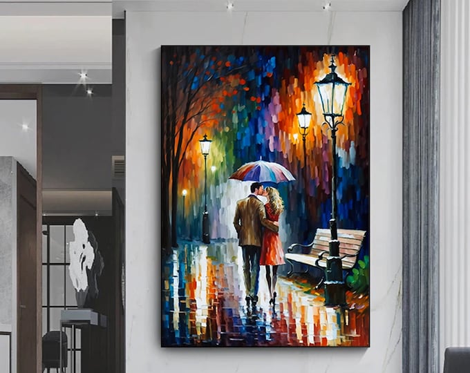 Love canvas print, love couples painting, hug wall art, kissing under an umbrella poster, gift art for lover
