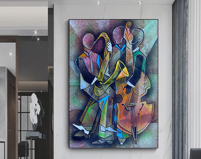 Cubism-portrait-picasso-style-painting , Tablo Picasso Style Music JAzz Art Wall Decor Framed, Picasso Style Print, READY TO HANG!