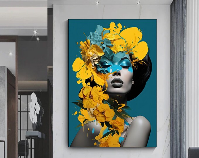 woman floral portrait, flower head woman canvas print, heavenly perfection, floral head woman print, woman fashion art, ready to hang