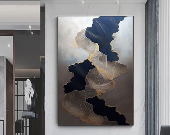 Blue Gold  Abstract Canvas, Abstract Wall Art, Blue Marble Decor, Blue Gold  Modern Artwork, Oversize Canvas Art, Contemporary Art