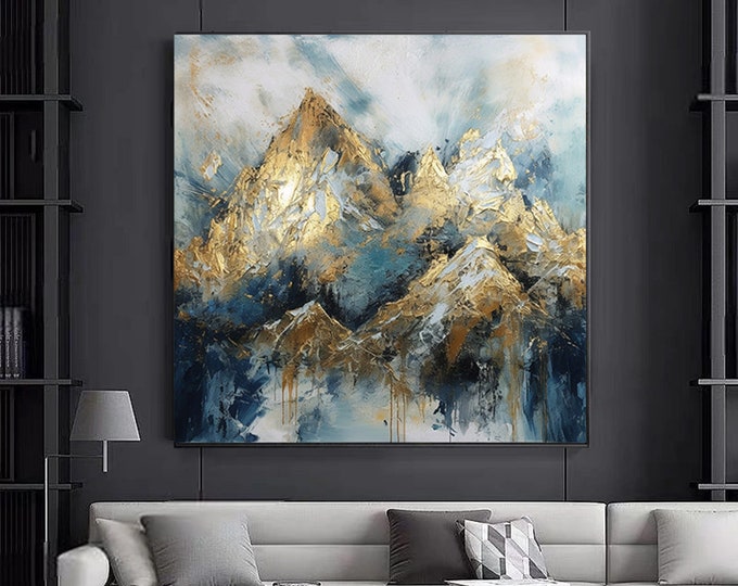 Abstract art canvas,Golden mountains art,Mountains Wall Decor,White clouds canvas,