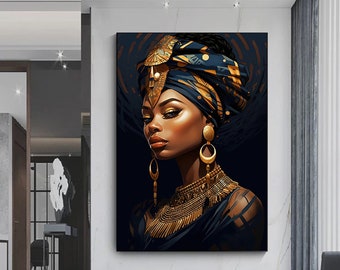Könnte beinhalten: Leinwanddruck mit einem Porträt einer Frau mit dunkler Haut, geschmückt mit Goldschmuck und einem gemusterten Kopftuch. Das Kunstwerk zeigt eine königliche Figur mit auffälligen goldenen Ohrringen und einer detaillierten Halskette vor dunklem Hintergrund.