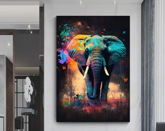 Colorful Elephant Canvas Print, Modern Animal Wall Art
