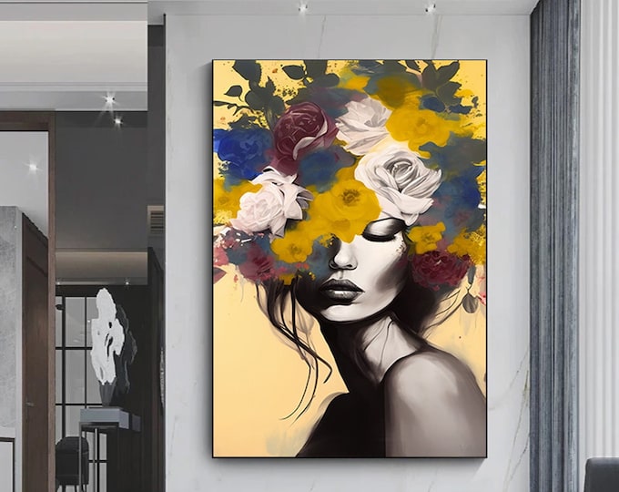 woman floral portrait, flower head woman canvas print, heavenly perfection, floral head woman print, woman fashion art, ready to hang