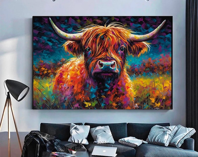 Colourful Painted Artwork The Great Hairy Scottish Highland Cow CANVAS WALL ART Picture Print Home Decor