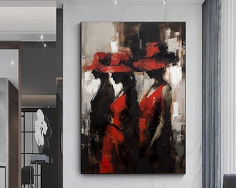 Red Hat Women Abstract Art: Large Canvas Wall Print