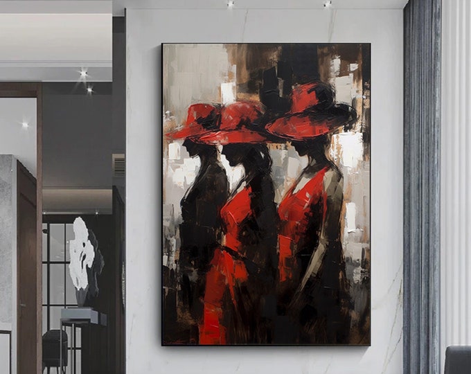 Abstract art of three women in red hats,Canvas wall art,Wall decor print canvas, Large wall art print poster.