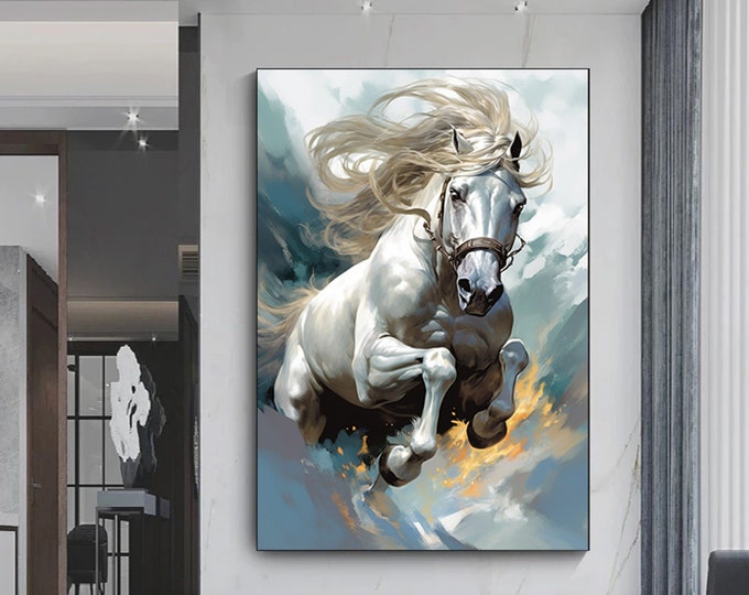 White Horse Canvas Painting,Wild Horse Wall Art,Horse Canvas Wall Art,White Horse Poster,Animal Large Wall Art.