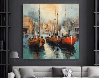 Yachts on Sea Canvas Print, Abstract Seascape Wall Art