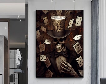 Skull with Hat Canvas Art: Surreal Skeleton Painting, Ready to Hang