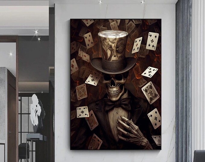 Skull with hat canvas wall art , skeleton canvas painting , skull canvas print ,surreal canvas, modern home decor, ready-to-hang canvas