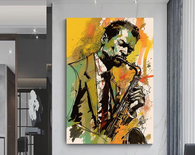 Jazz Love || Print on canvas, portrait of a man playing the saxophone, Color canvas print.Style Music Jazz Art Wall Decor