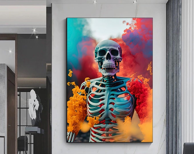 Skeleton canvas wall art, skeleton canvas painting, surreal canvas painting ,modern home decoration