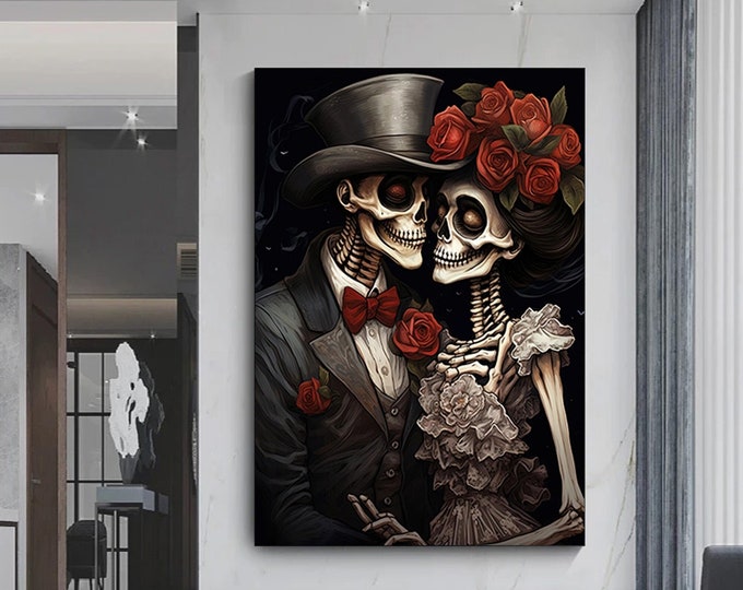 Image of a bride and groom with skeletons in wedding hats,Canvas wall art. Skeleton canvas print.