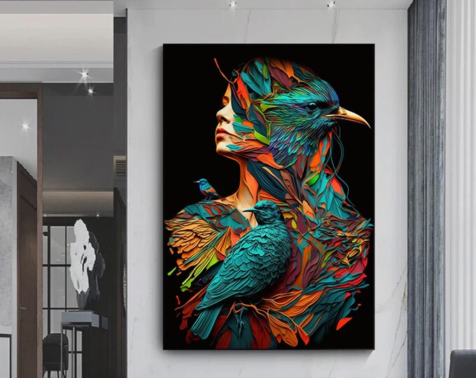 Bird and woman canvas, wall art canvas design, woman and parrot canvas painting, unique 3D bird painting, framed ready-to-hang decoration