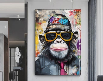 Colorful Monkey Graffiti Art Print: Abstract Face Canvas Painting
