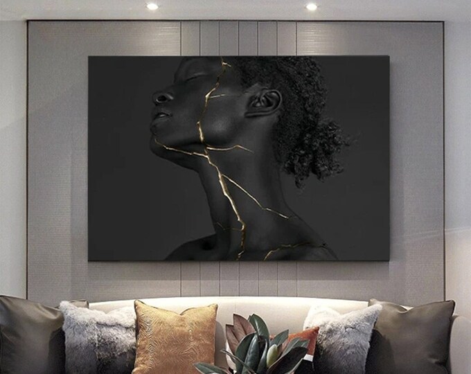 African Woman Black Canvas Wall Art , Ethnic woman canvas painting , gold woman canvas print, modern home decor ,