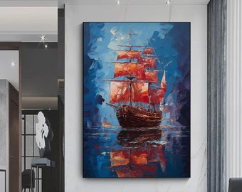 Abstract Sailing Ship Canvas Art Print, Blue Seascape Wall Decor