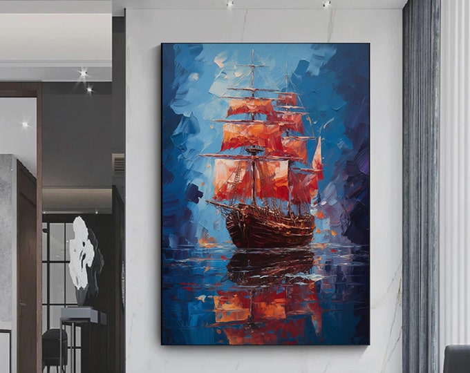 Sailing Ship Canvas Painting, Abstract Ship Canvas Art Print, Sailboat Decoration, Sailing Canvas Wall Decor, Home Wall Decor, Blue Artwork