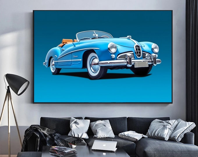 Blue classic car wall art. Canvas Painting. retro style