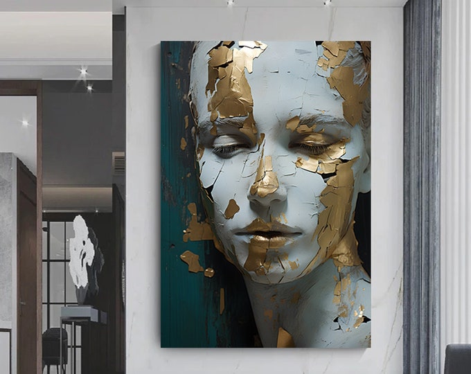 Gold woman portrait artwork of woman Wall Art,Golden  color painting woman print