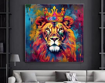 Colorful Lion Canvas Print: Abstract Graffiti Art, Modern Animal Decor