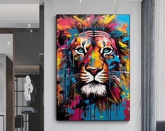 Abstract Lion Graffiti Art, Colorful Animal Canvas Print