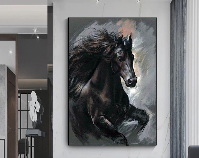 Black Horse Canvas Print,Wild Horse Wall Art,Horse Canvas Wall Art,Black Horse Poster,Animal Large Wall Art