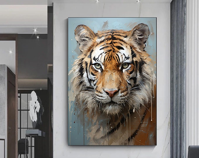 Fierce Tiger Canvas Wall Art, Colorful Vibrant Oil Painting Style, Bengal Big Cat Portrait Wildlife Art Print for Home and Office Decor